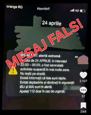 MAI Mesaj fals RO ALERT distribuit pe retelele de socializare pentru a provoca panica in randul populatiei